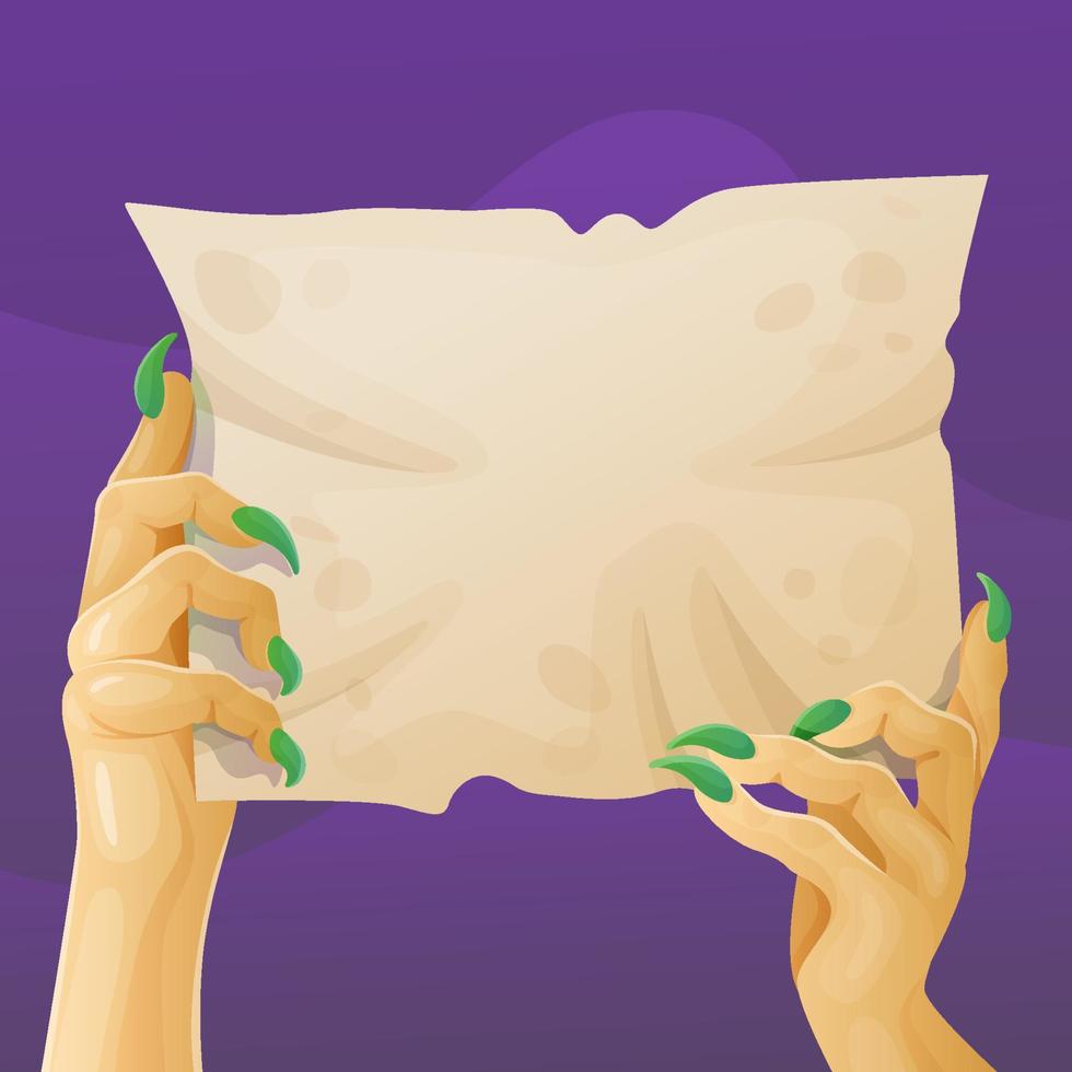 Witch hands holding ancient manuscript scroll paper with copy space. vector