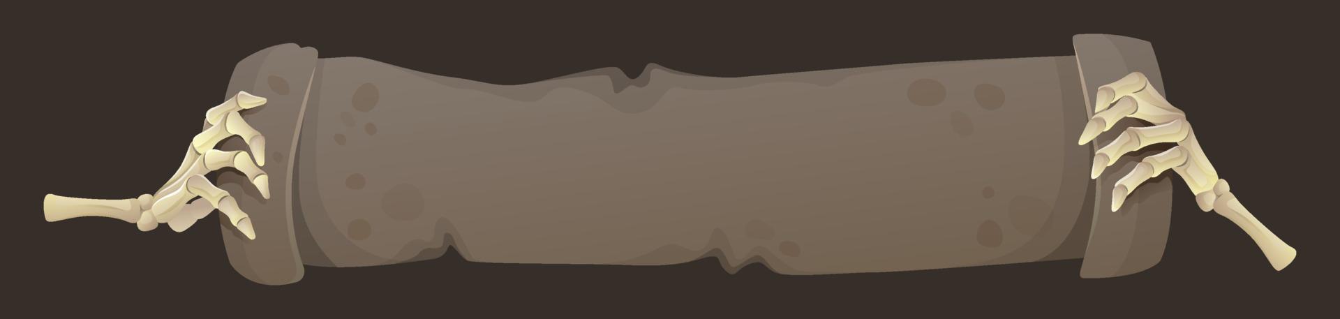 Skeleton hands holding paper scroll. Vector illustration