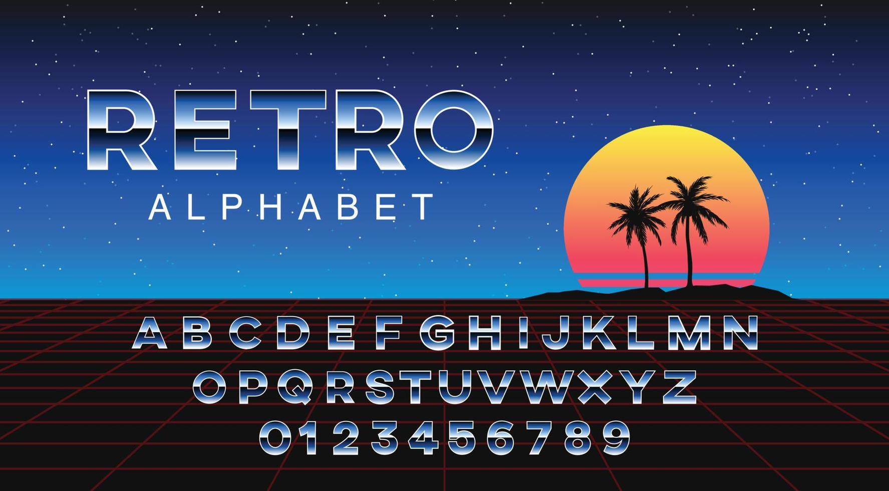 fuente retroonda futurista. letras y números metálicos degradados a rayas en el fondo del espacio. alfabeto de ciencia ficción al estilo retro de los años 80. onda de sintetizador abc. vector