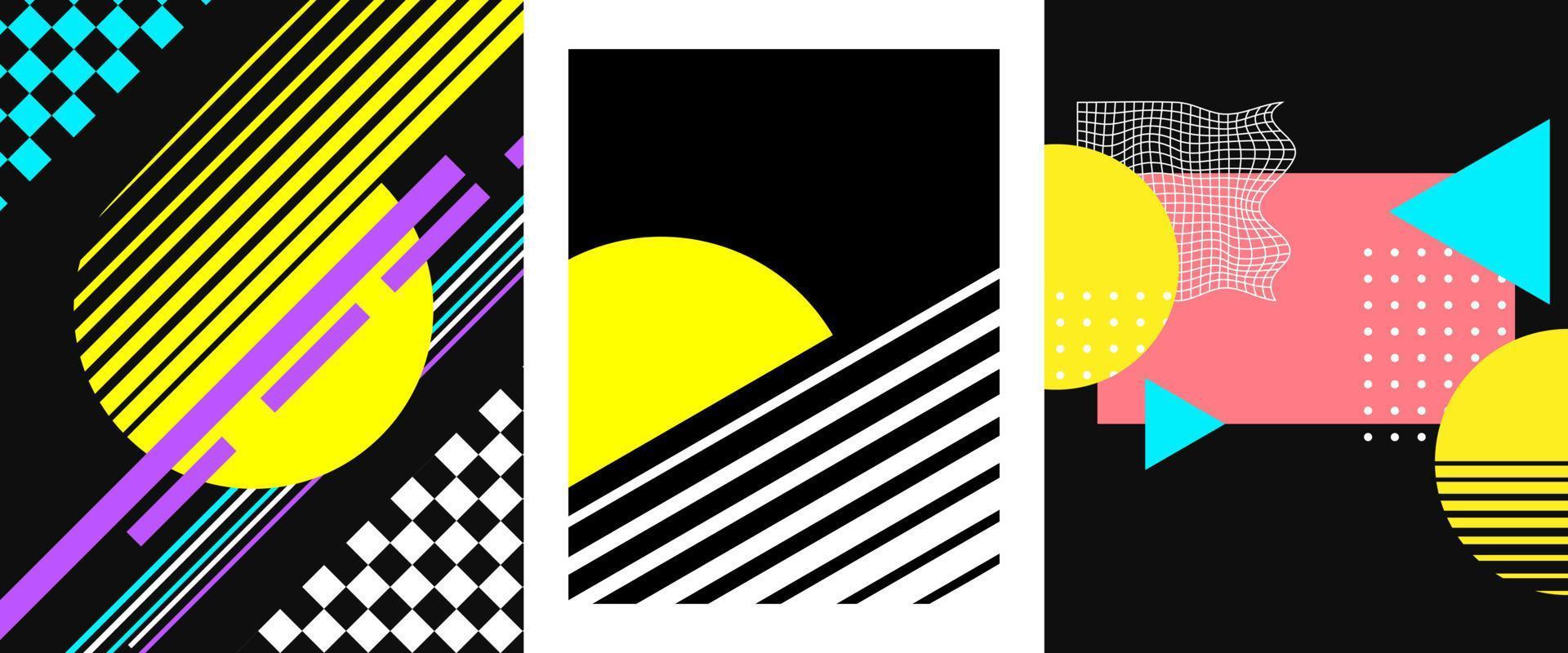 80's posters set. Collection of abstract illustrations in retro style. Vintage graphic designs for flyers, printing projects. Vector artworks.