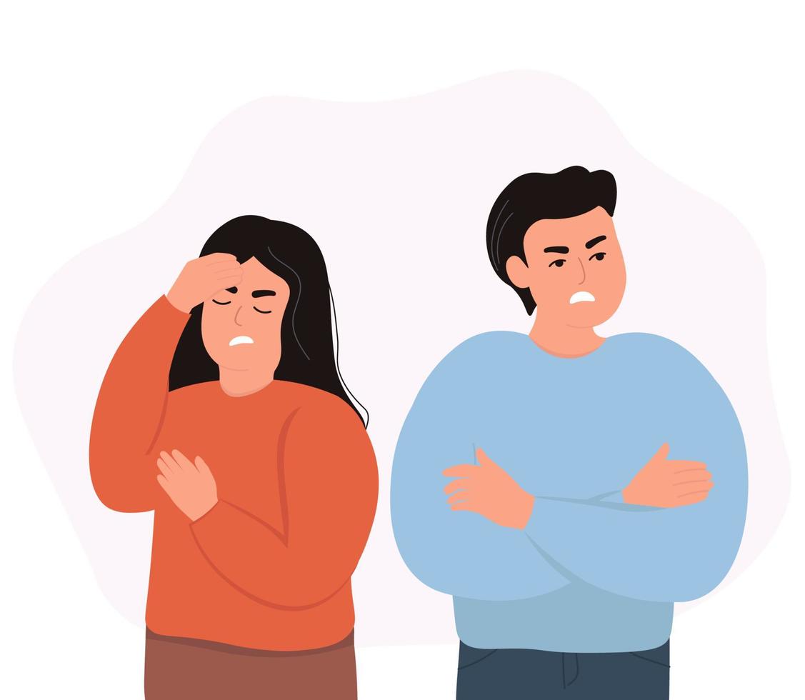 Couple quarrel. A man and a woman are offended by each other, turned away, evil feelings, disappointment. Vector flat graphics.