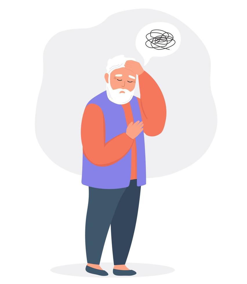 An elderly man suffers from migraine, confusion, memory loss, dementia. Mental age-related diseases. Vector flat graphics.