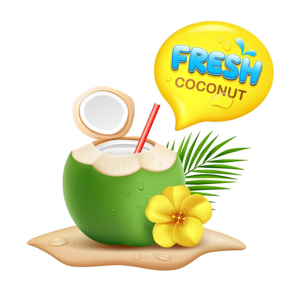 cocos Fruta Fresco y flor, Coco hoja realista pila de arena, agua soltar y amarillo habla burbuja, aislado en blanco fondo, eps 10 vector ilustración