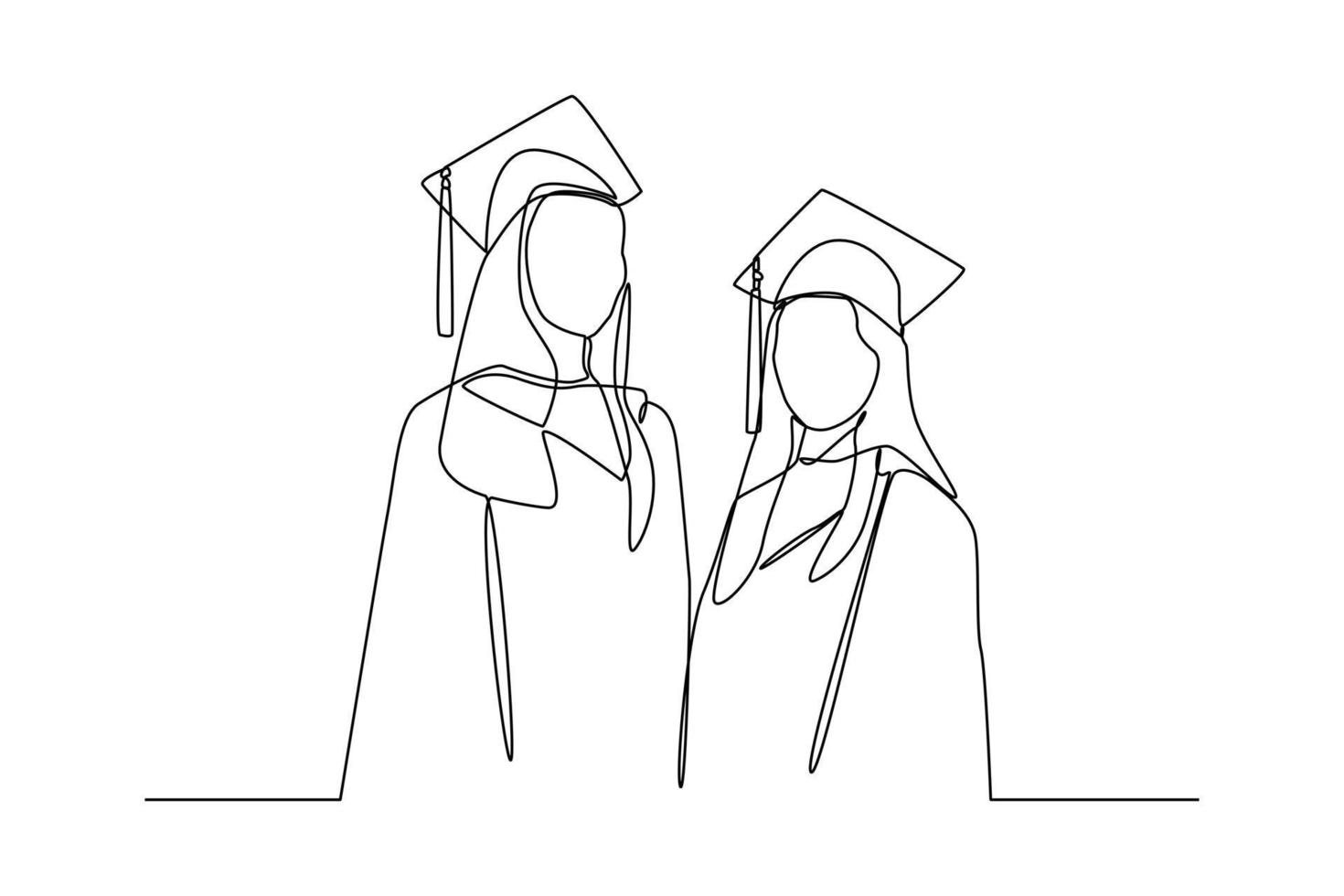 Continuous one line drawing happy male or female student using graduation gowns and caps. Graduation concept. Single line draw design vector graphic illustration.