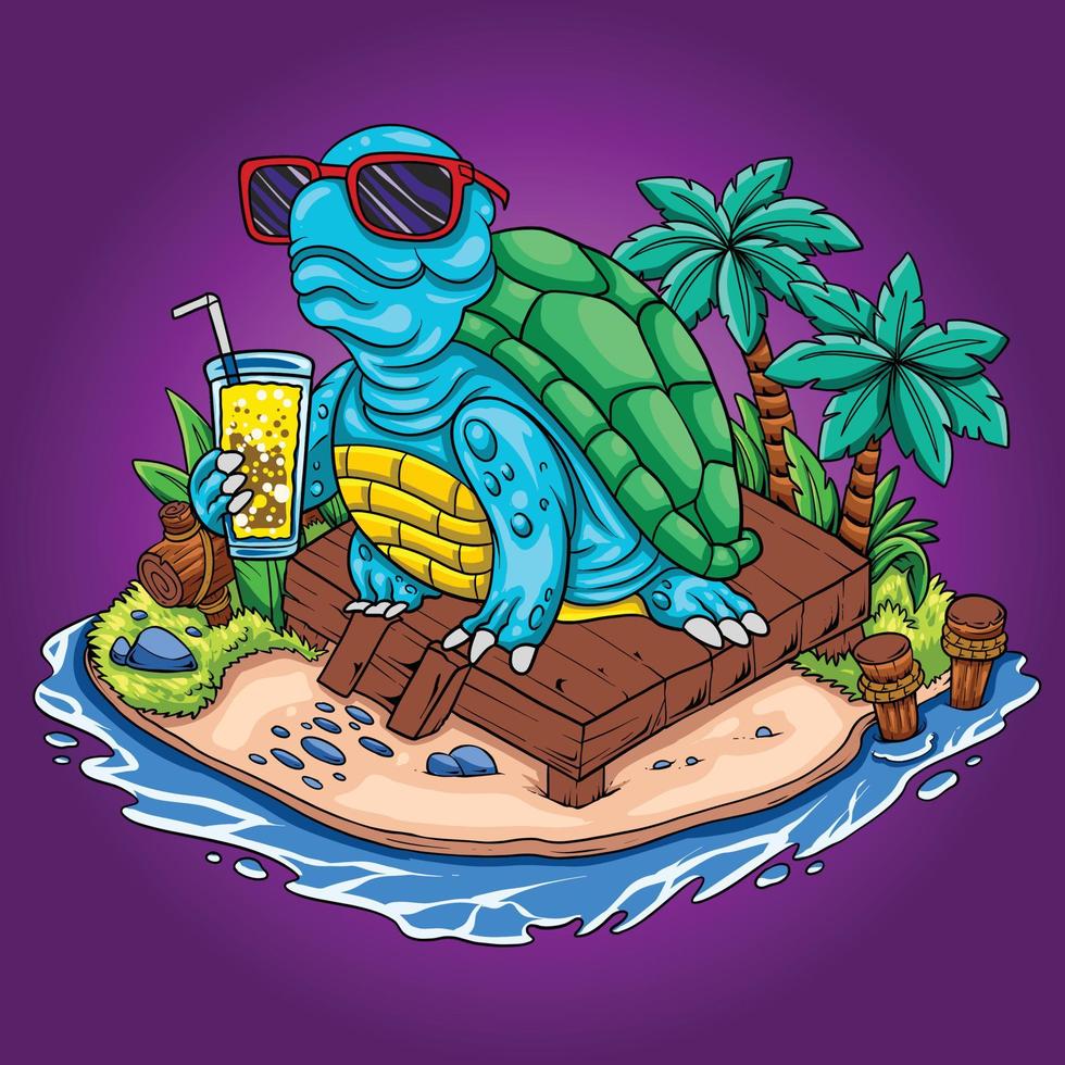 Cool Turtle with drink on the beach cartoon vector