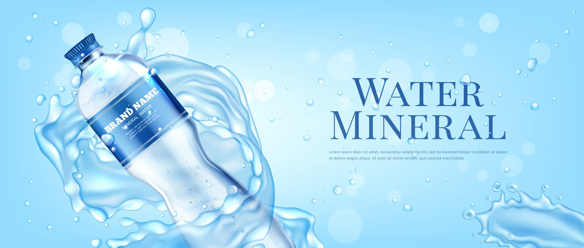 Realistic Detailed 3d Mineral Water Plastic Bottle with Pure Drink Ads