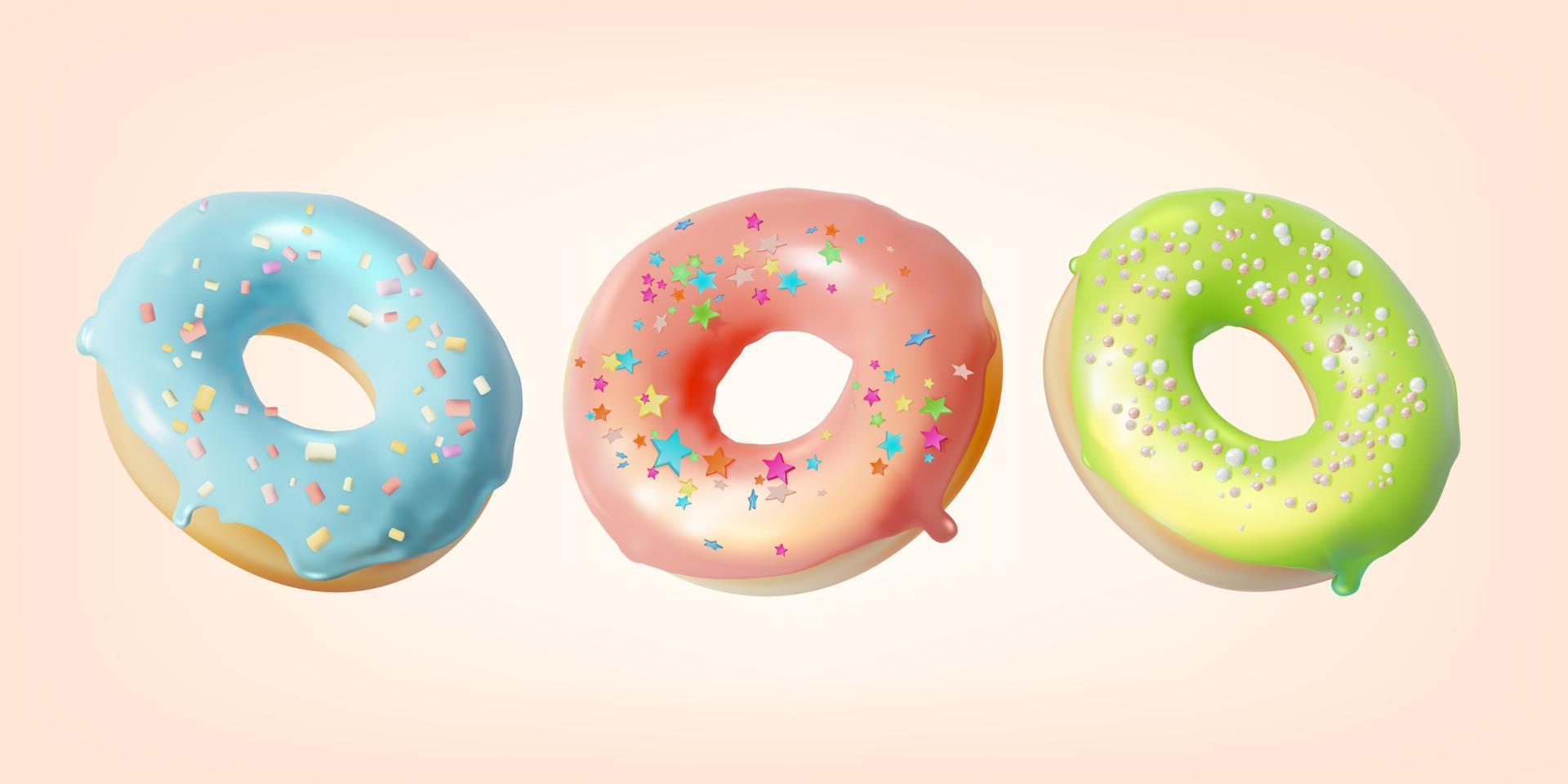 Realistic Detailed 3d Glazed Donut with Lime, Blueberry and Strawberry Taste Set. Vector