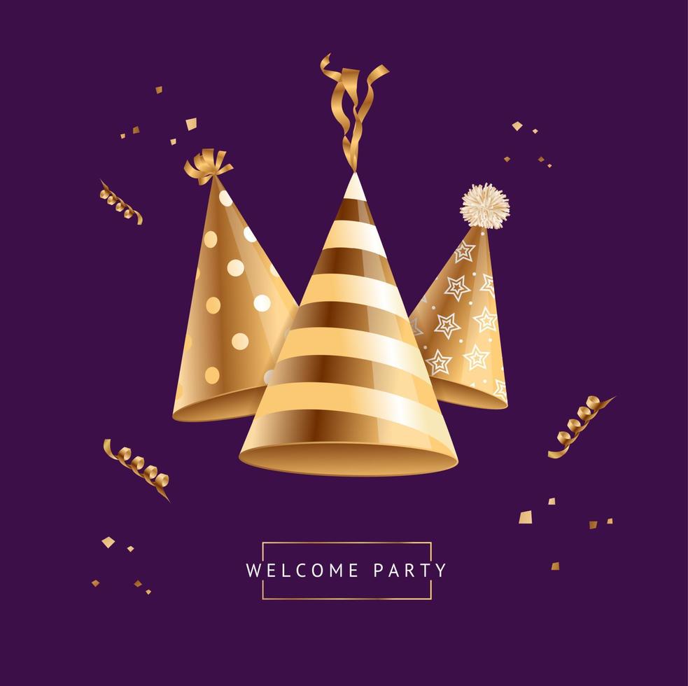 Birthday Invitation Concept Banner with Realistic Detailed 3d Gold Party Hat. Vector
