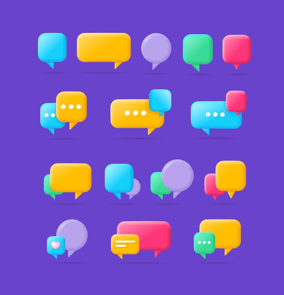 3d Different Color Empty Speech Bubble Set Plasticine Cartoon Style. Vector