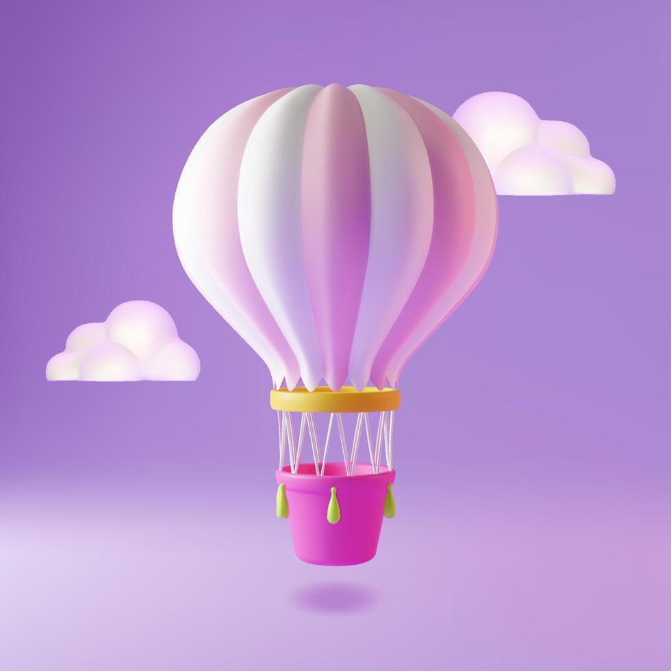 3d caliente aire globo volador Entre nubes en el cielo arcilla de moldear dibujos animados estilo viaje concepto. vector ilustración