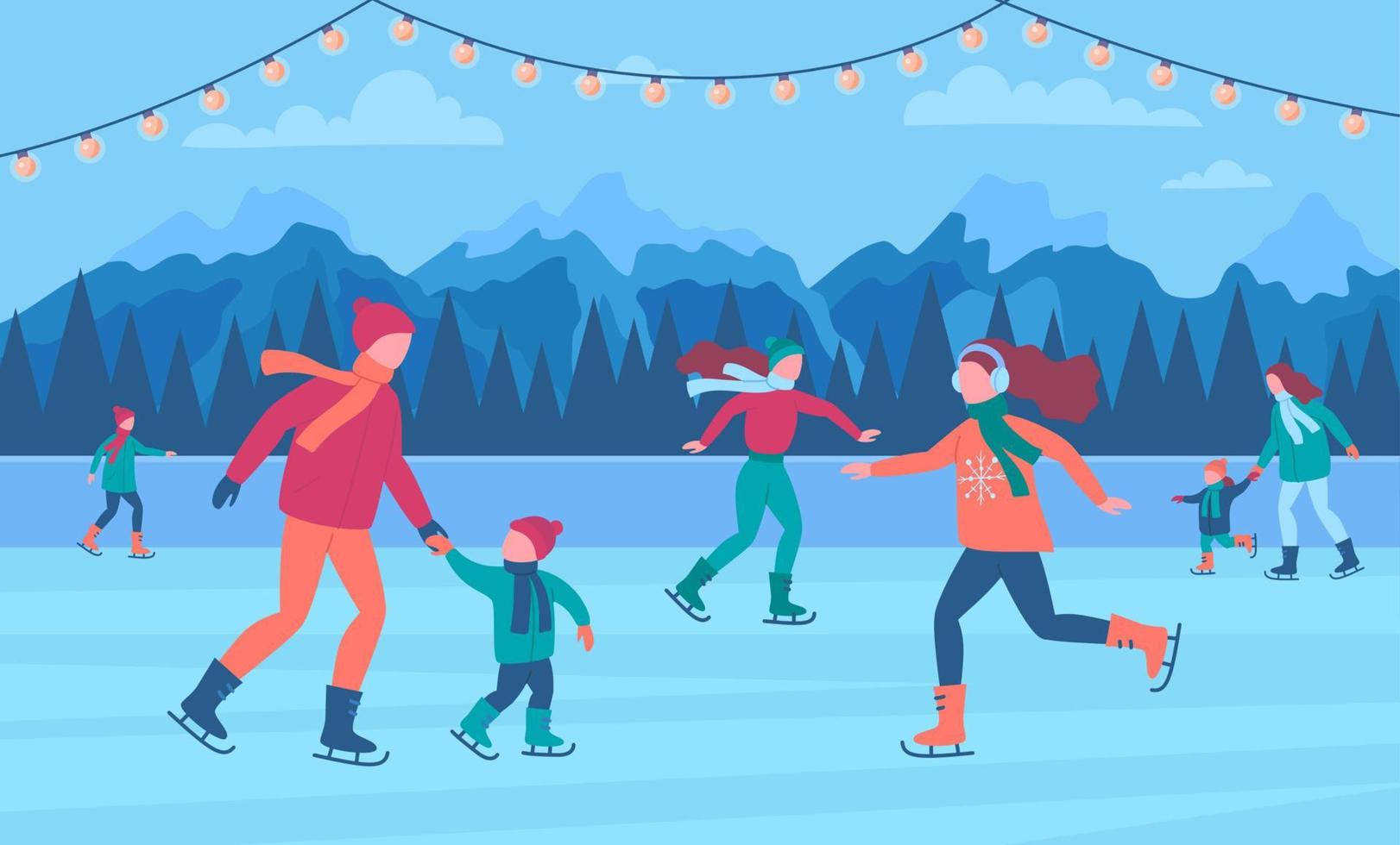 Cartoon Color Characters People and Holiday Christmas Skating Ice Rink. Vector