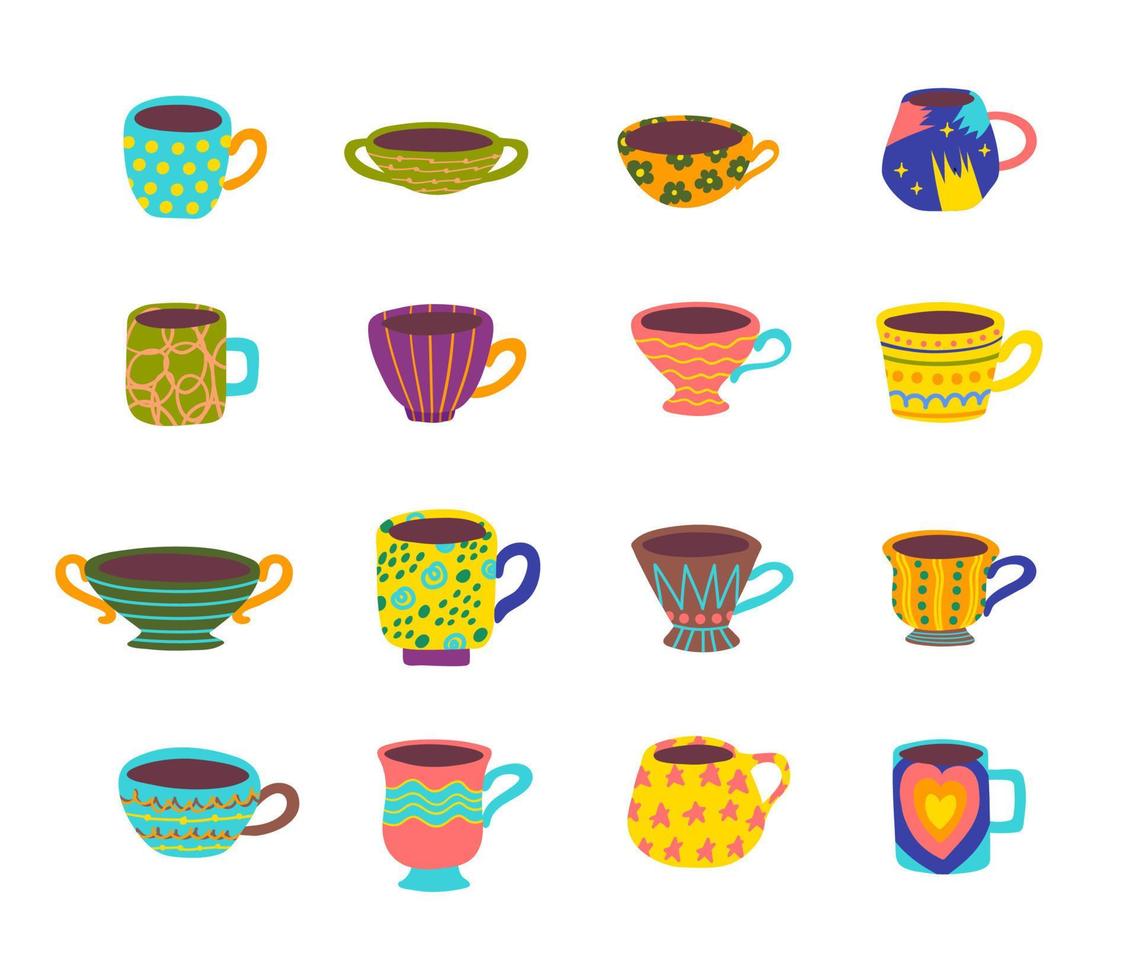 Cartoon Color Tea or Coffee Vintage Cup Icons Set. Vector