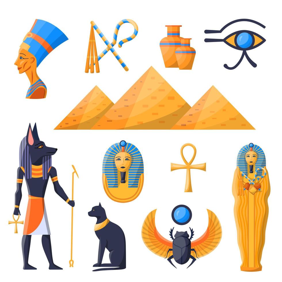Cartoon Color Various Ancient Egypt Symbols Icons Set. Vector