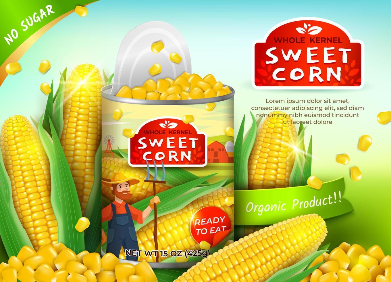 Realistic Detailed 3d Organic Canned Corn Ads Banner Concept Poster Card. Vector