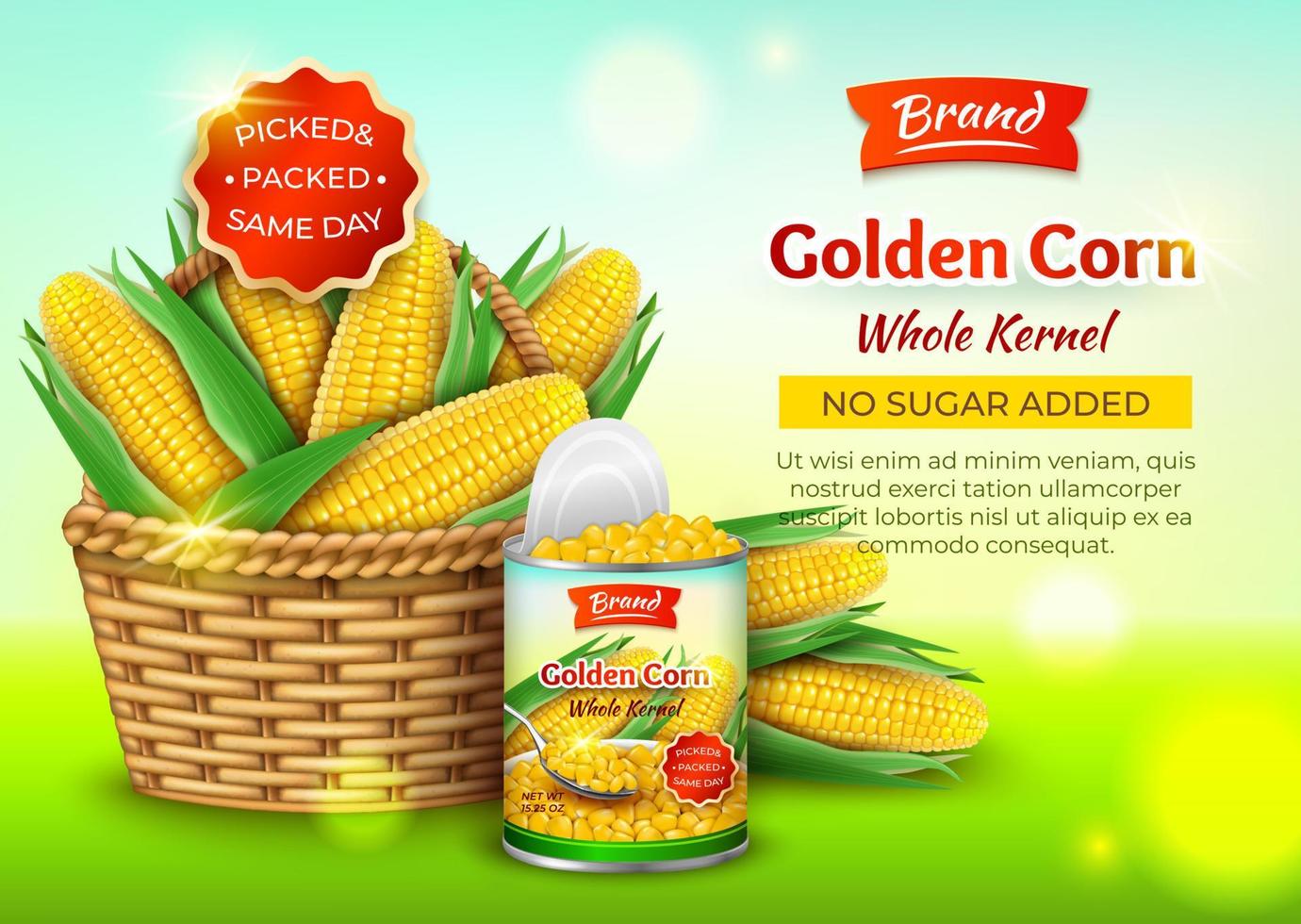 Realistic Detailed 3d Organic Canned Corn Ads Banner Concept Poster Card. Vector