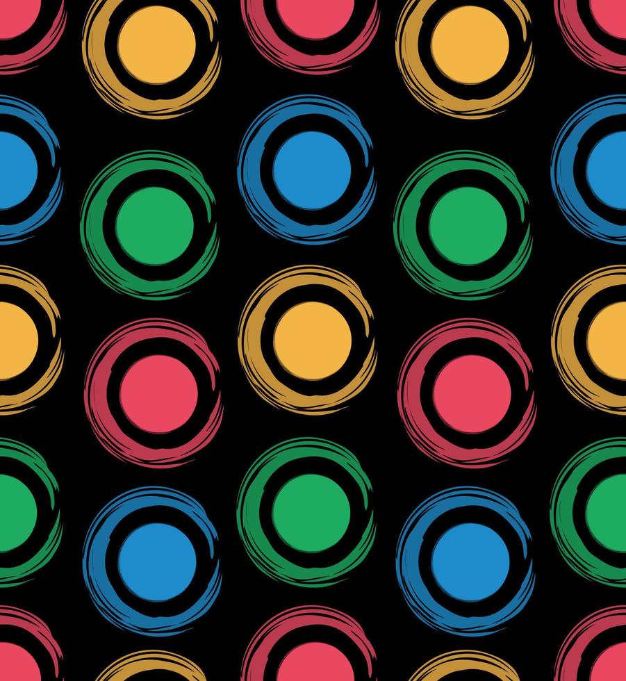 Seamless pattern of multicolored circles drawn with a brush on a black background. vector