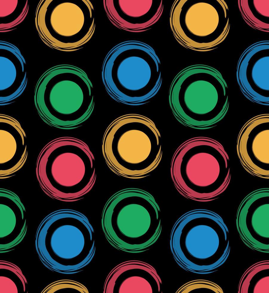 Seamless pattern of multicolored circles drawn with a brush on a black background. vector