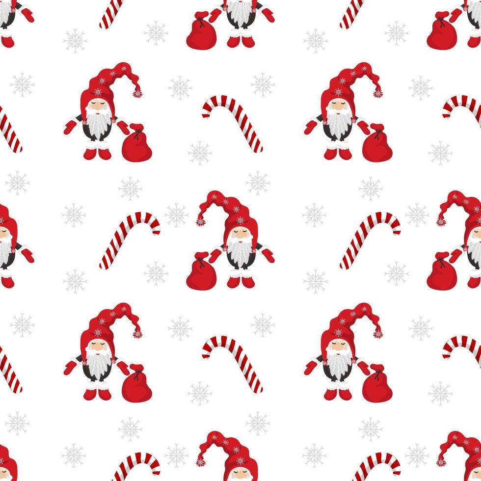 Seamless pattern with cute christmas gnomes and snowflakes. vector