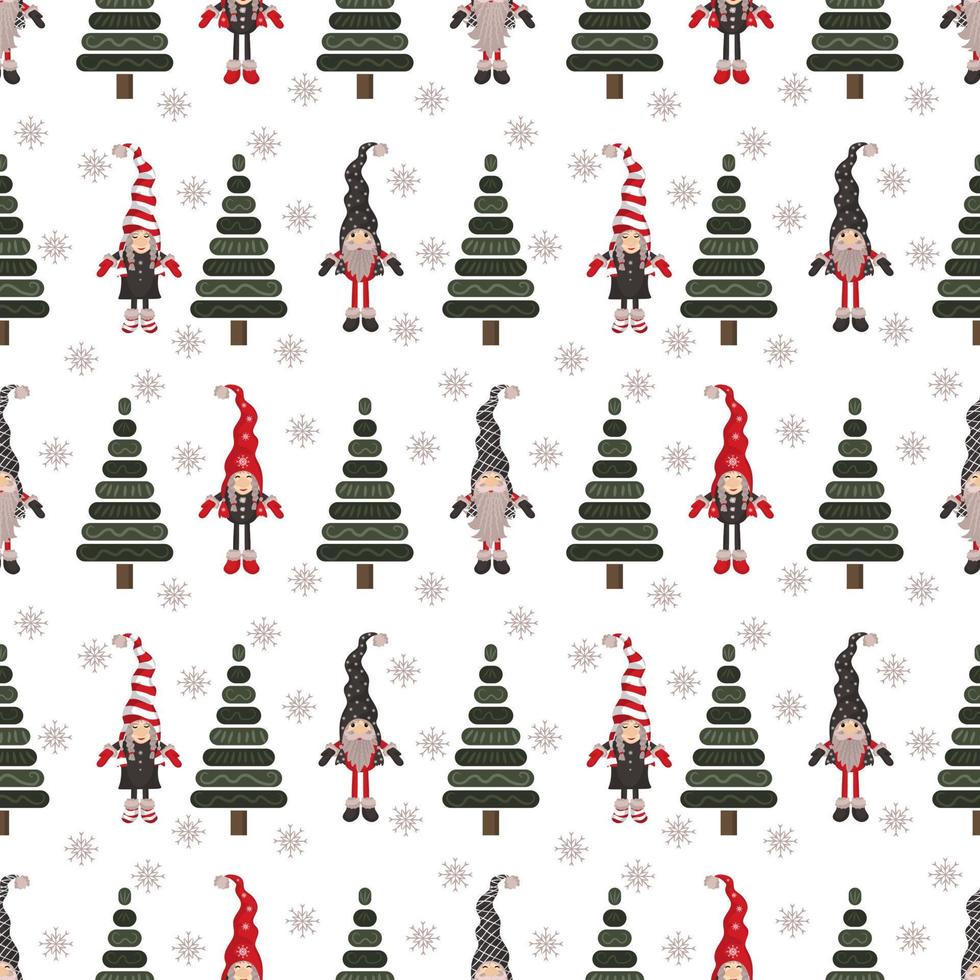 Seamless pattern with cute christmas gnomes, new years trees and snowflakes vector