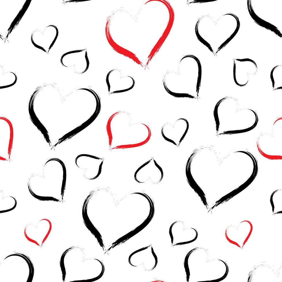 Vector pattern with hand-drawn black and red hearts