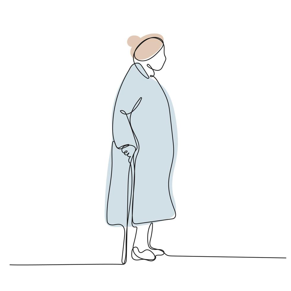 Continuous one line drawing of old retired woman vector