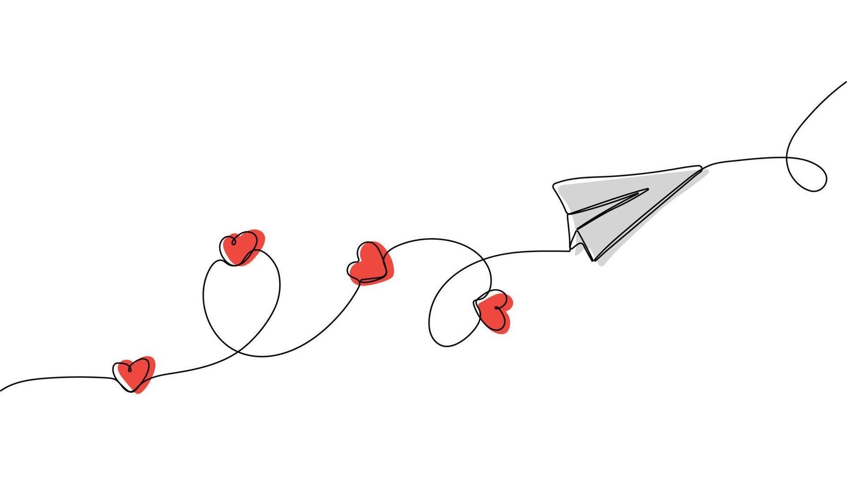Continuous one line drawing of  paper plane with hearts vector