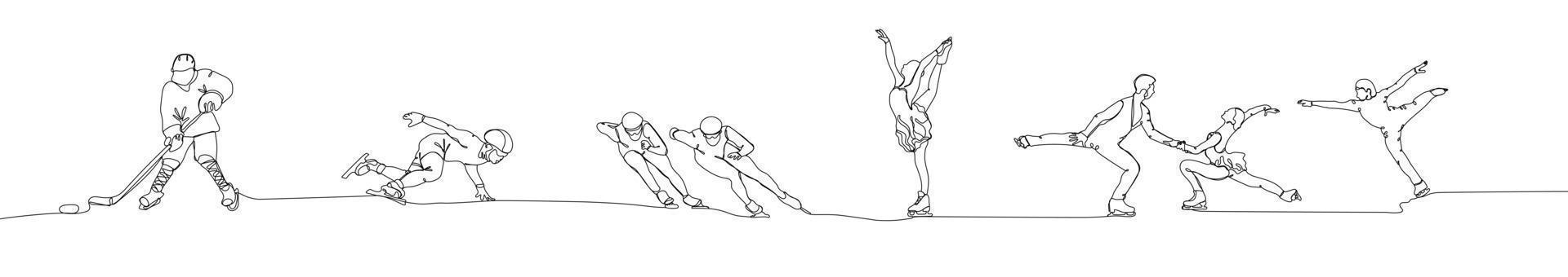 Continuous one line drawing winter sports athletes on ice vector