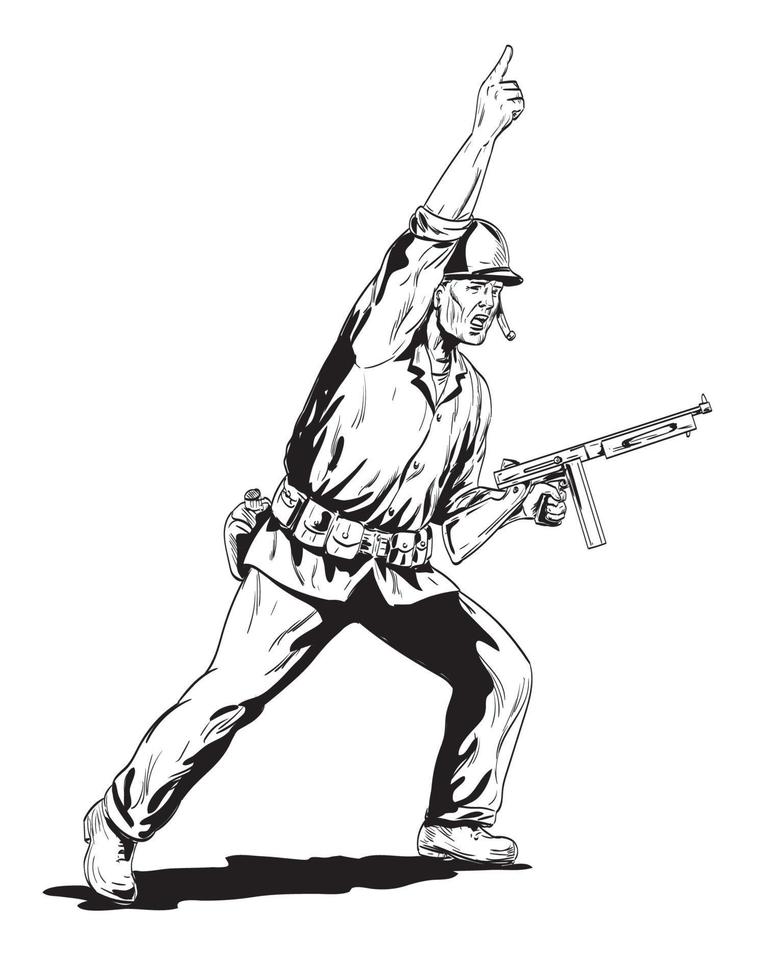 World War Two American GI Soldier With Rifle Leading Charge Side Angle View Comics Style Drawing vector