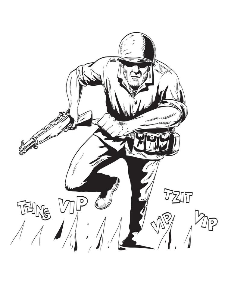 World War Two American GI Soldier Running With Rifle Front View Comics Style Drawing vector