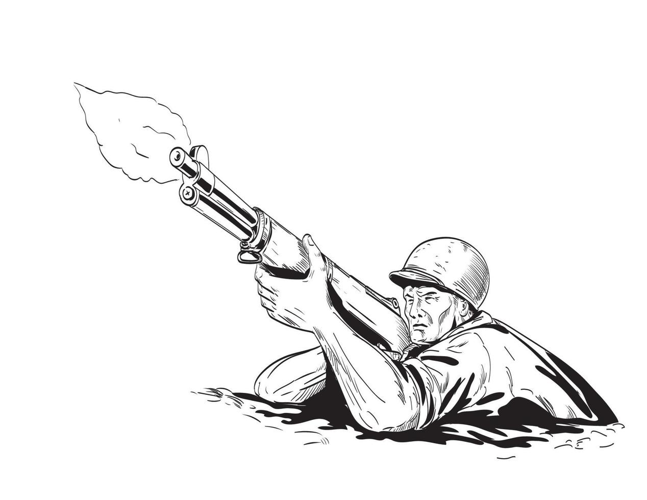 World War Two American GI Soldier Aiming Firing Rifle Front Low Angle View Comics Style Drawing vector