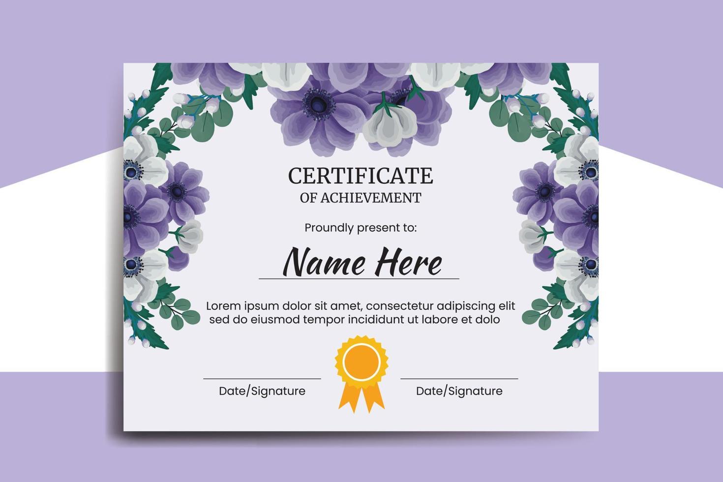 Certificate Template Anemone Flower watercolor Digital hand drawn vector