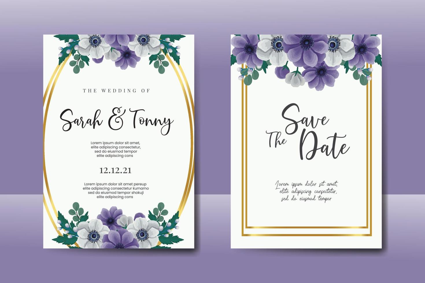 Wedding invitation frame set, floral watercolor Digital hand drawn Anemone flower design Invitation Card Template vector