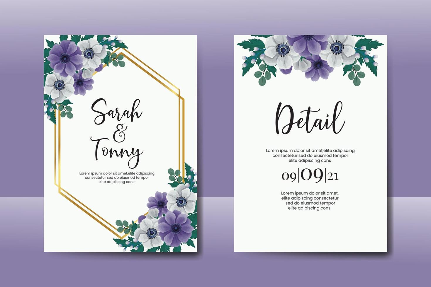 Wedding invitation frame set, floral watercolor Digital hand drawn Anemone flower design Invitation Card Template vector