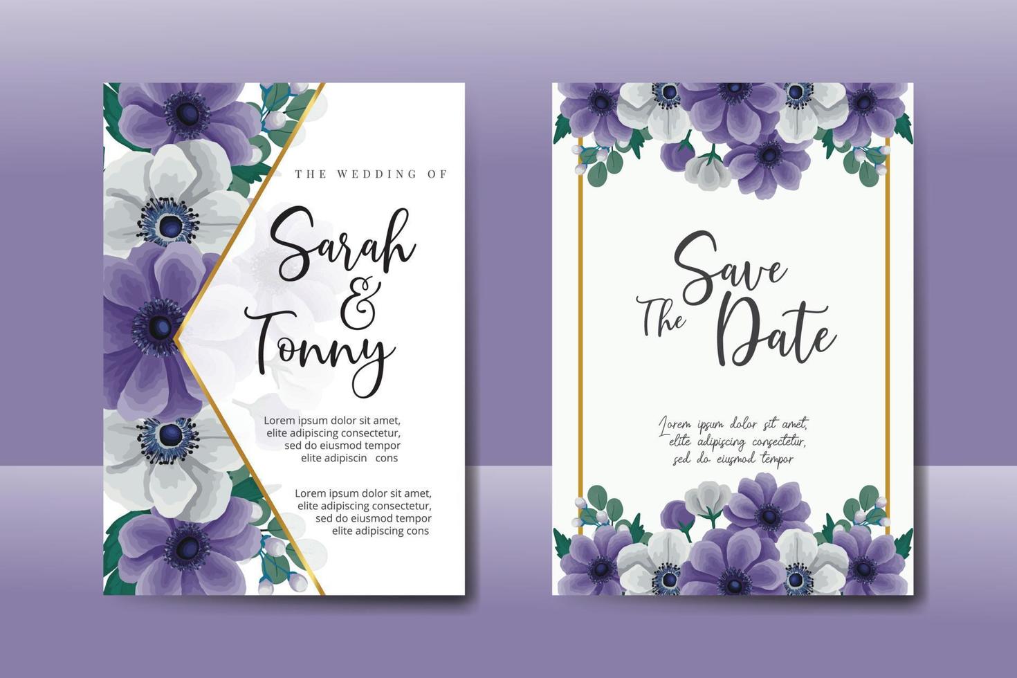 Wedding invitation frame set, floral watercolor Digital hand drawn Anemone flower design Invitation Card Template vector