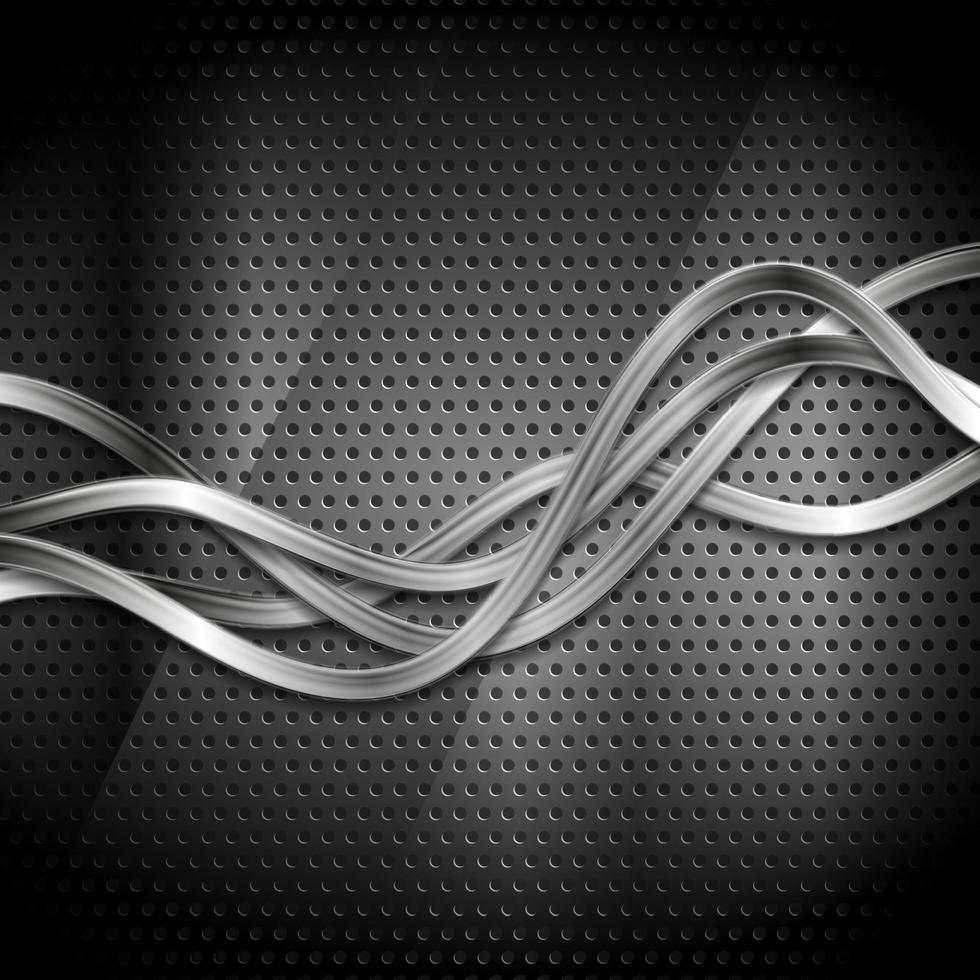 Metallic silver waves on dark perforated background vector