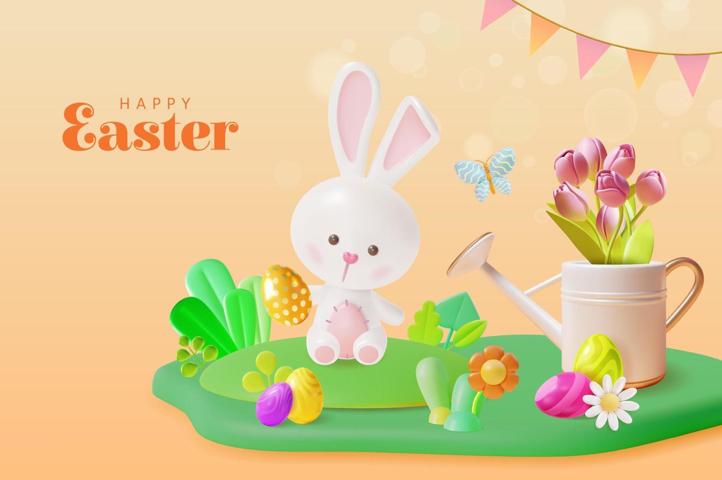 3d Happy Easter Day Ads Banner Concept Poster Card. Vector