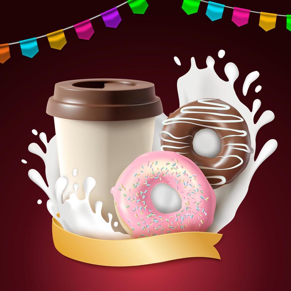 Realistic Detailed 3d Fresh Donuts Enjoy a Delicious Dessert Concept Background. Vector