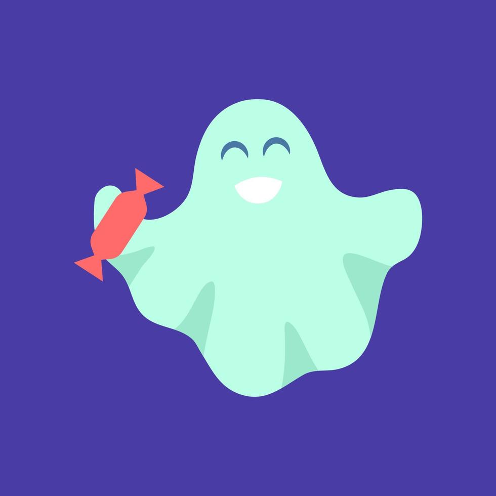 Cartoon Color Character Funny Happy Ghost with Red Chocolate Candy . Vector