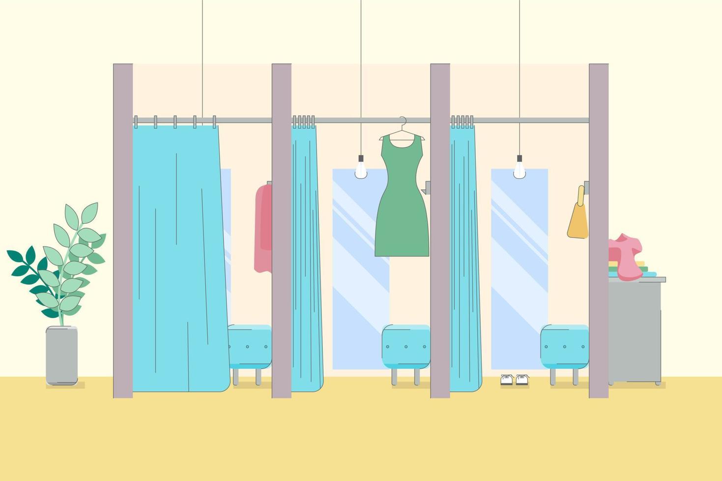 Cartoon Color Shop Dressing Room Interior Inside Concept. Vector