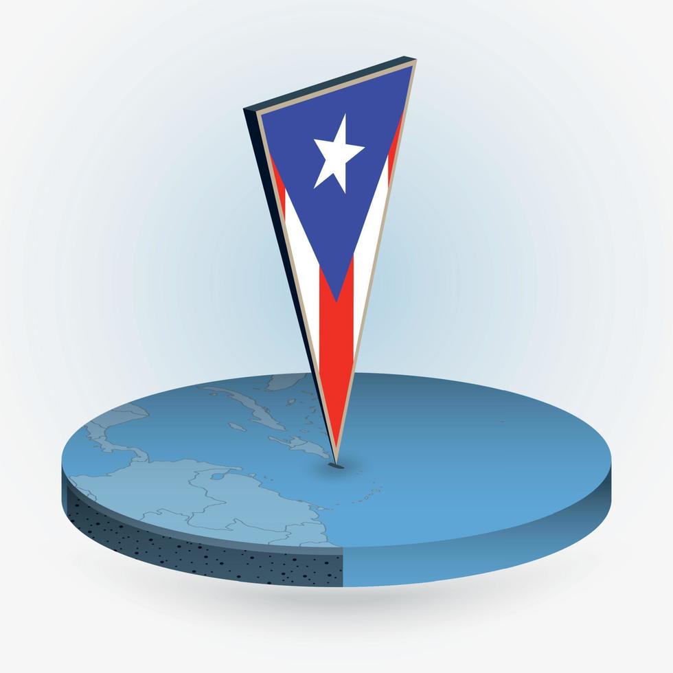 Puerto Rico map in round isometric style with triangular 3D flag of Puerto Rico vector