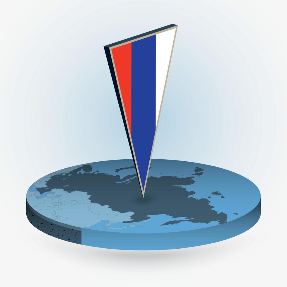 Russia map in round isometric style with triangular 3D flag of Russia vector