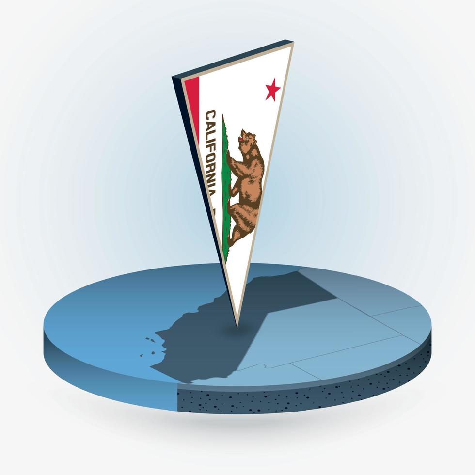 California map in round isometric style with triangular 3D flag of US State California vector