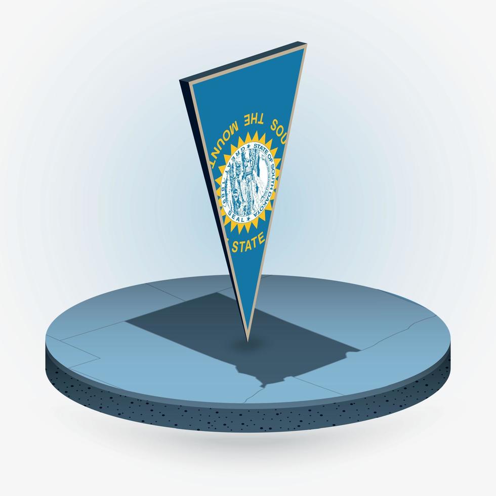 South Dakota map in round isometric style with triangular 3D flag of US State South Dakota vector