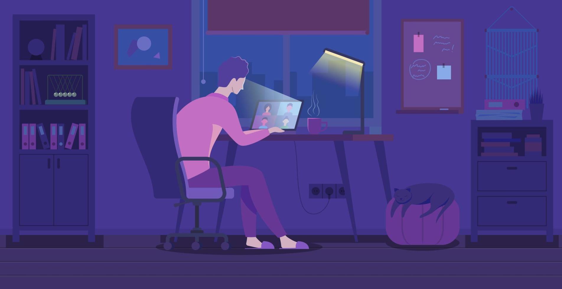 Cartoon Color Character Man and Night Working Remotely Concept. Vector