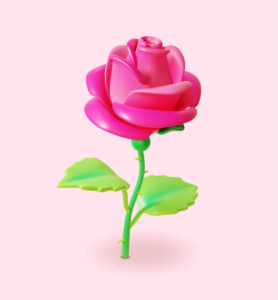 3d Red Rose Flower Plasticine Cartoon Style. Vector