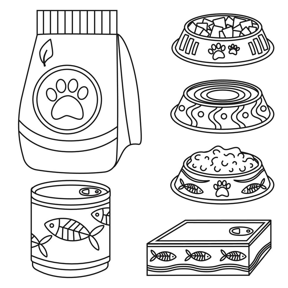 A set of elements for animals, cats, dogs, food, canned food, fish, a plate with feed. vector