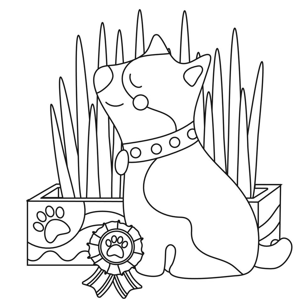 A cute, funny dog is sitting near the grass with an award. vector