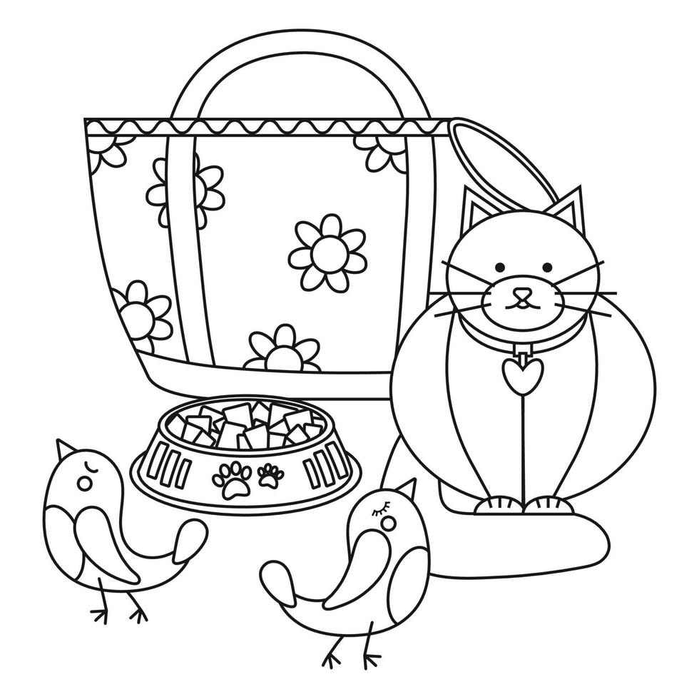 Set of elements for animals, cats, dogs, bag, carrier, birds with a cat and a plate with food, fodder. vector