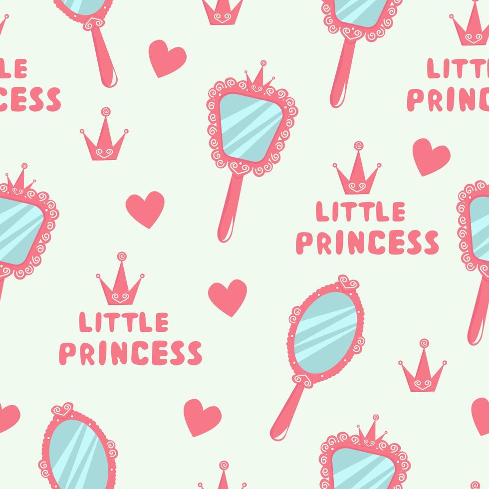 Seamless pattern with hand mirror from princess. Pink vintage accessory for a little girl on light background. . Vector illustration