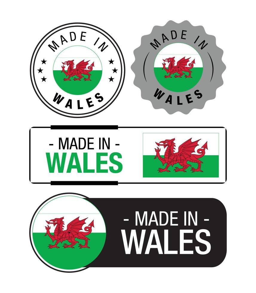 Set of Made in Wales labels, logo, Wales Flag, Wales Product Emblem vector